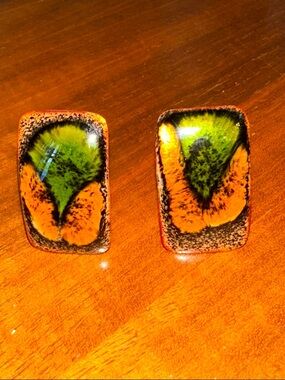 Vintage Mid Century Rectangular Green & Amber Stone Cuff links